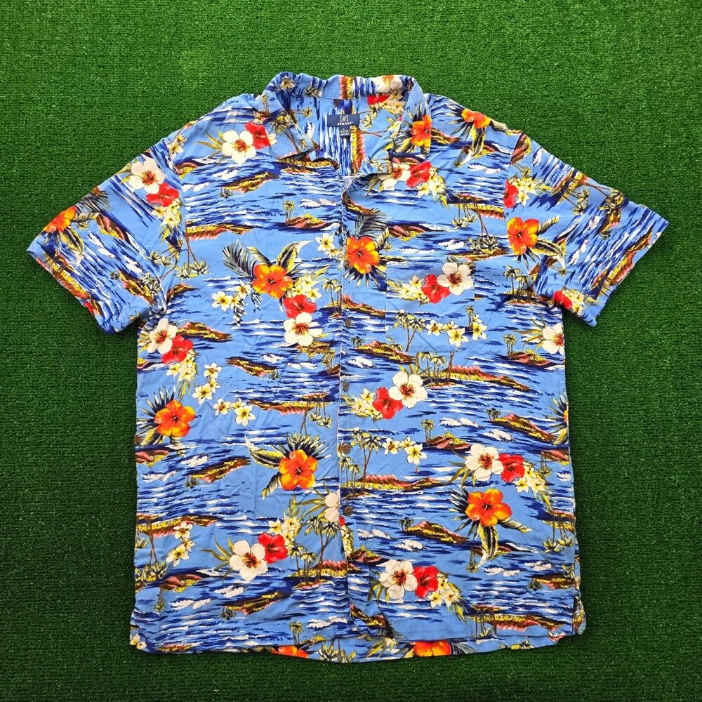 George Hawaiian Shirt Men Large Blue Floral Short Sleeve Button Up Aloha Beach